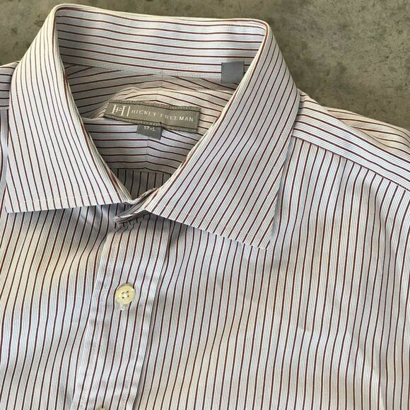 Hickey Freeman Red Blue Striped Mens Button Down Front Buttondown Shirt 17 L - Picture 1 of 10